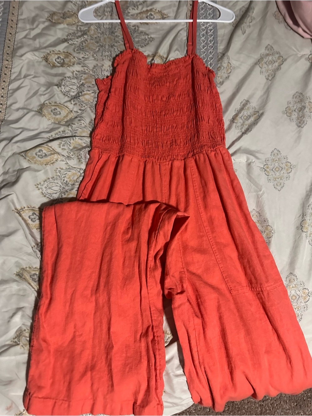 Women’s Coral Wide-Leg Jumpsuit with Smocked Bodice